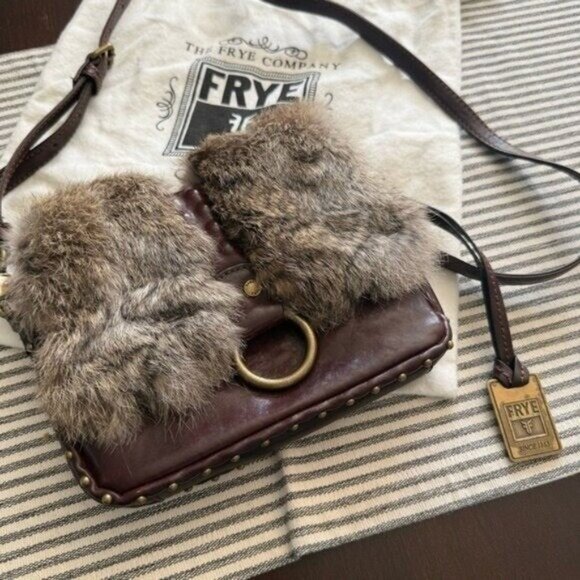Frye Roxanne Rabbit Fur Genuine Leather Stud Studded Crossbody Bag Purse Brown • - Picture 2 of 12